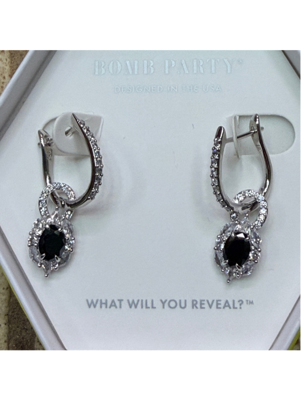 Bomb Party The Marina Earrings RBP4666 Black Onyx CZ Rhodium Hoop Dangle